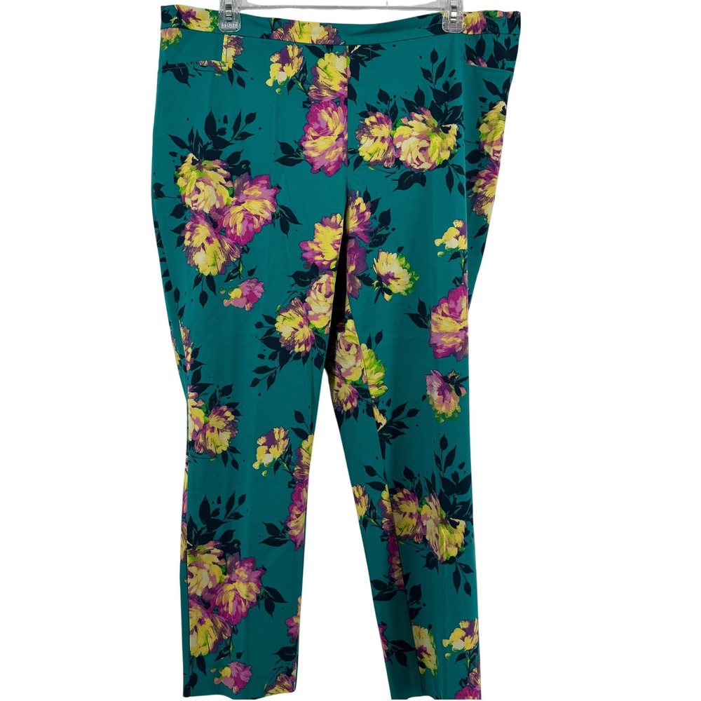 Isaac Mizrahi Live Teal Floral Ankle Pants Womens 22W Pink Yellow Rose Stretch
